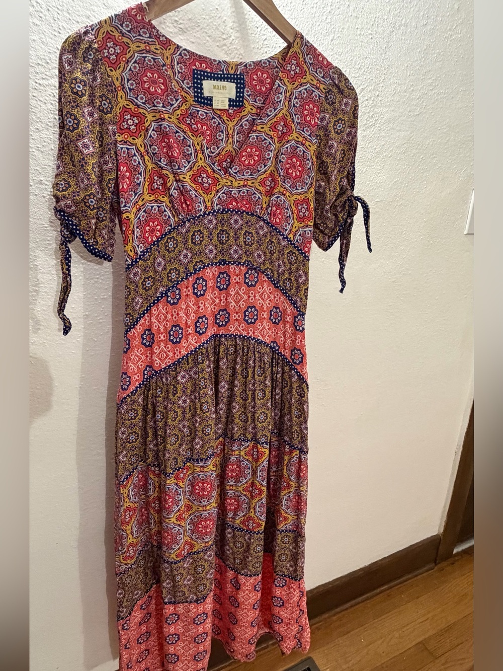 Maeve Anthropologie Boho Patchwork Midi Dress Tie Sleeve Cottagecore Size 4